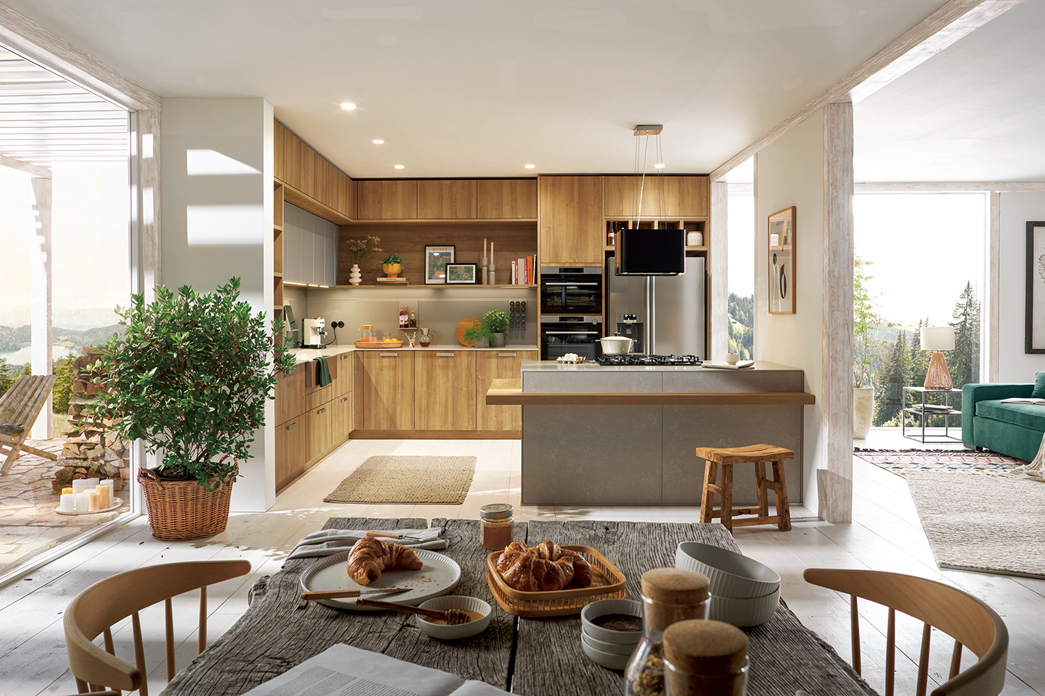 moderne Küchein Holzoptik kombiniert mit grauer Kochinsel